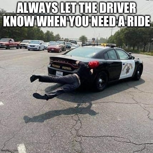 Ride along they said, it will be fun | ALWAYS LET THE DRIVER KNOW WHEN YOU NEED A RIDE | image tagged in ride along,it will be fun,oops,policing the streets,not how any of this works,a little help | made w/ Imgflip meme maker
