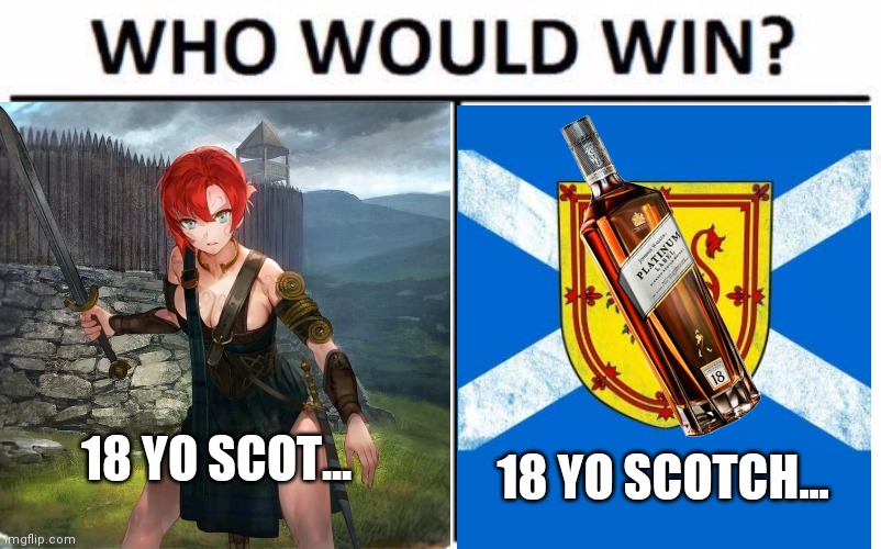 Meanwhile in Scotland | 18 YO SCOT... 18 YO SCOTCH... | image tagged in scotland,scottish,liquor,anime girl | made w/ Imgflip meme maker