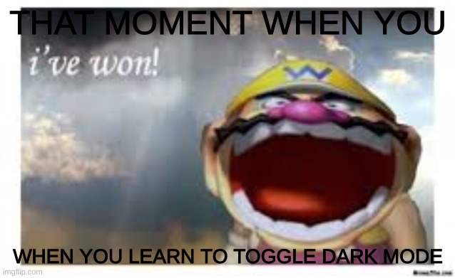 Guys seriously it took me half a year ;-; | THAT MOMENT WHEN YOU; WHEN YOU LEARN TO TOGGLE DARK MODE | image tagged in wario wins,dark mode,wario | made w/ Imgflip meme maker