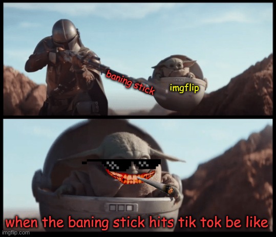 baning stick vs tik tok | imgflip; baning stick; when the baning stick hits tik tok be like | image tagged in baby yoda | made w/ Imgflip meme maker