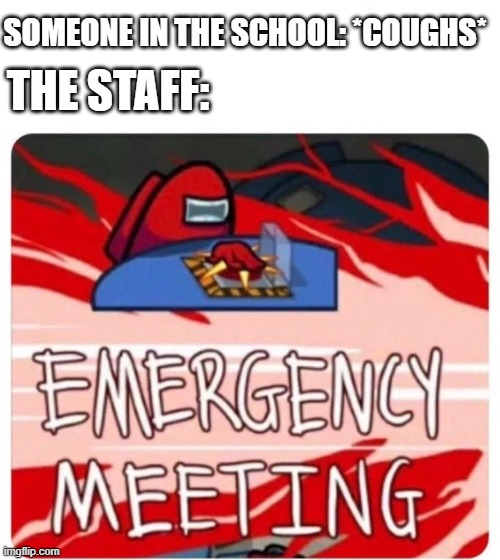 Good ol' 2020. | SOMEONE IN THE SCHOOL: *COUGHS*; THE STAFF: | image tagged in emergency meeting among us,memes | made w/ Imgflip meme maker