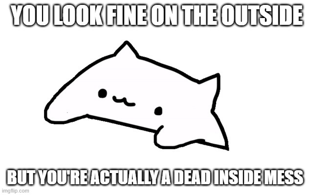 BONGO CAT ON THE INSIDE | YOU LOOK FINE ON THE OUTSIDE; BUT YOU'RE ACTUALLY A DEAD INSIDE MESS | image tagged in memes,funny cats | made w/ Imgflip meme maker