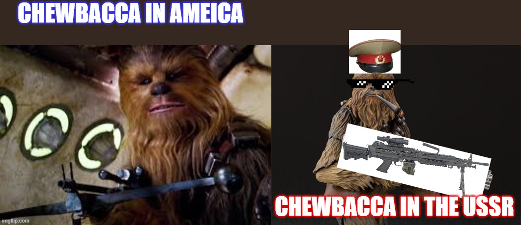 america vs ussr #2 | CHEWBACCA IN AMEICA; CHEWBACCA IN THE USSR | image tagged in funny,russia,ussr,america,lol,star wars | made w/ Imgflip meme maker