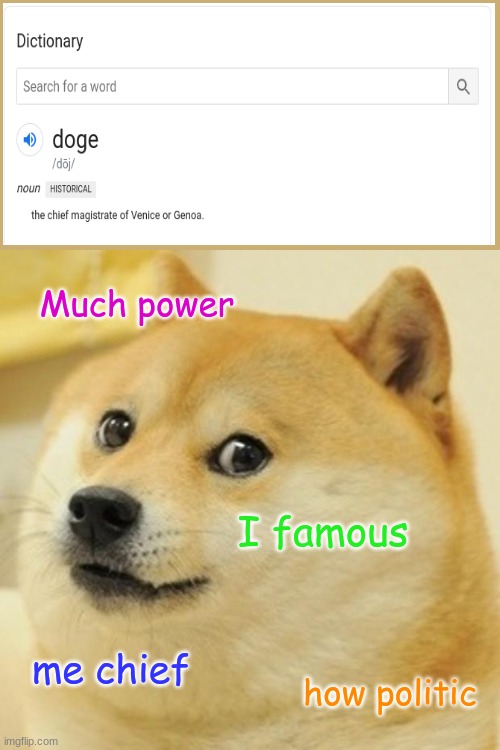 this is the actual definition of doge... | Much power; I famous; me chief; how politic | image tagged in memes,doge | made w/ Imgflip meme maker