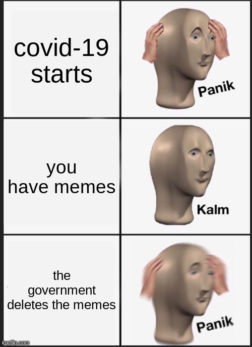 Panik Kalm Panik Meme | covid-19 starts; you have memes; the government deletes the memes | image tagged in memes,panik kalm panik | made w/ Imgflip meme maker