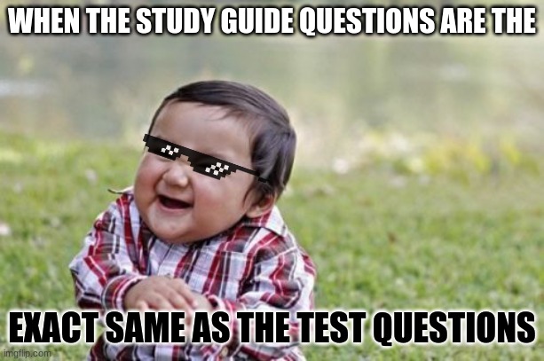 When the study questions... | WHEN THE STUDY GUIDE QUESTIONS ARE THE; EXACT SAME AS THE TEST QUESTIONS | image tagged in memes,evil toddler,school,get rekt,study guide,test | made w/ Imgflip meme maker