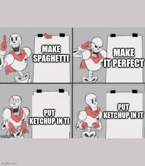 make it right |  MAKE SPAGHETTI; MAKE IT PERFECT; PUT KETCHUP IN IT; PUT KETCHUP IN TI | image tagged in papyrus plan | made w/ Imgflip meme maker