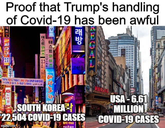 Try to defend this | Proof that Trump's handling of Covid-19 has been awful; USA - 6.61 MILLION COVID-19 CASES; SOUTH KOREA - 22,504 COVID-19 CASES | image tagged in donald trump | made w/ Imgflip meme maker