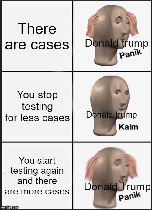 He's just stupid isnt he? | There are cases; Donald trump; You stop testing for less cases; Donald trump; You start testing again and there are more cases; Donald Trump | image tagged in memes,panik kalm panik | made w/ Imgflip meme maker
