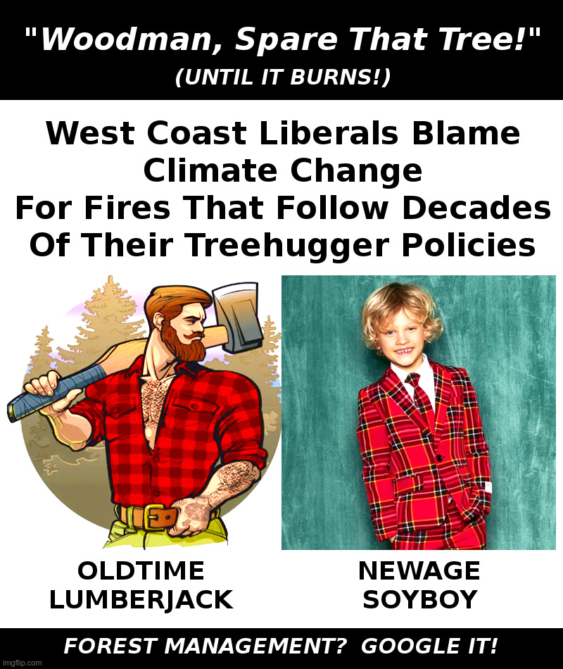 Woodman, Spare That Tree! (until it burns!) | image tagged in california,oregon,washington,forest fire,lumberjack,soyboy | made w/ Imgflip meme maker