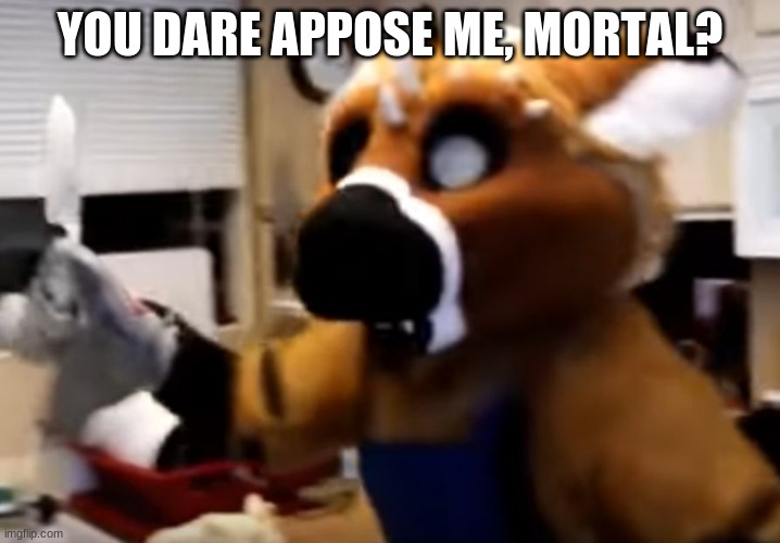 Furry with a knife | YOU DARE OPPOSE ME, MORTAL? | image tagged in furry with a knife | made w/ Imgflip meme maker