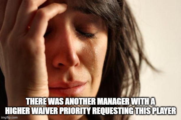 First World Problems | THERE WAS ANOTHER MANAGER WITH A HIGHER WAIVER PRIORITY REQUESTING THIS PLAYER | image tagged in memes,first world problems | made w/ Imgflip meme maker