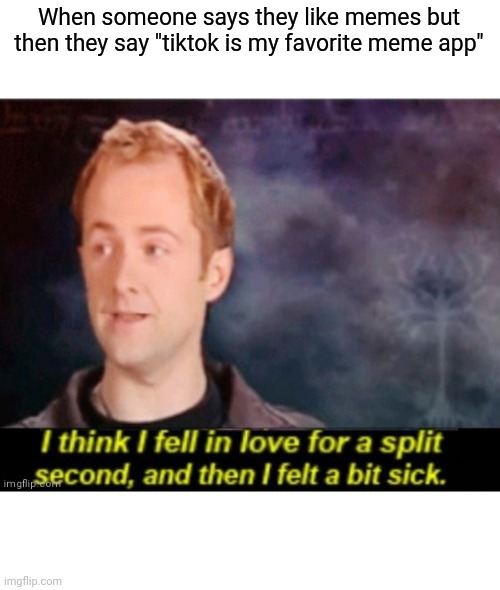 More like a lot sick | When someone says they like memes but then they say "tiktok is my favorite meme app" | image tagged in i think i fell in love for a split second,memes | made w/ Imgflip meme maker
