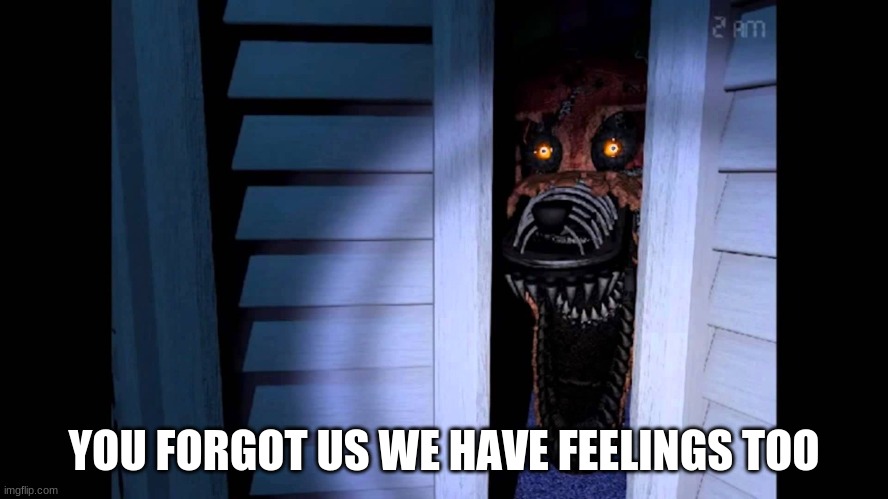 Foxy FNaF 4 | YOU FORGOT US WE HAVE FEELINGS TOO | image tagged in foxy fnaf 4 | made w/ Imgflip meme maker