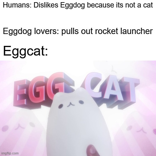 if eggdog exists, so can a eggcat | Humans: Dislikes Eggdog because its not a cat; Eggdog lovers: pulls out rocket launcher; Eggcat: | image tagged in cats,memes,eggs | made w/ Imgflip meme maker