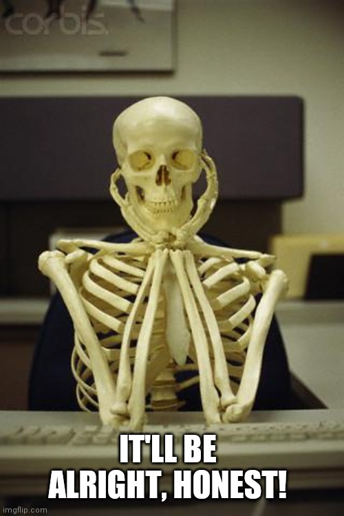 Waiting Skeleton | IT'LL BE ALRIGHT, HONEST! | image tagged in waiting skeleton | made w/ Imgflip meme maker