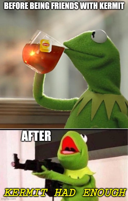 BEFORE BEING FRIENDS WITH KERMIT KERMIT HAD ENOUGH AFTER | image tagged in memes,but that's none of my business,kermit with ak 47 | made w/ Imgflip meme maker