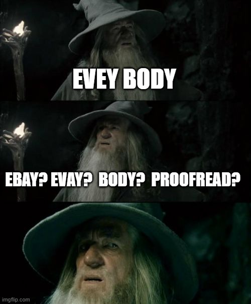 Confused Gandalf Meme | EVEY BODY EBAY? EVAY?  BODY?  PROOFREAD? | image tagged in memes,confused gandalf | made w/ Imgflip meme maker