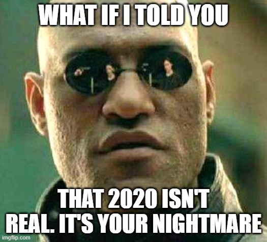 What if i told you | WHAT IF I TOLD YOU; THAT 2020 ISN'T REAL. IT'S YOUR NIGHTMARE | image tagged in what if i told you | made w/ Imgflip meme maker
