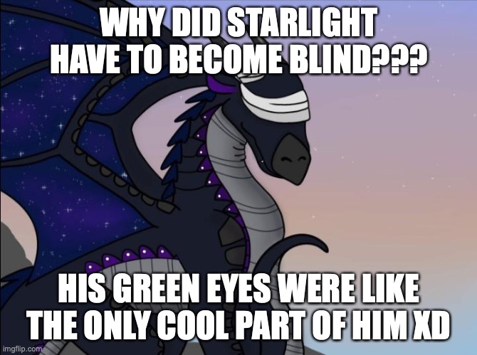 Starflight, nooo! |  WHY DID STARLIGHT HAVE TO BECOME BLIND??? HIS GREEN EYES WERE LIKE THE ONLY COOL PART OF HIM XD | image tagged in starflight,wings of fire | made w/ Imgflip meme maker