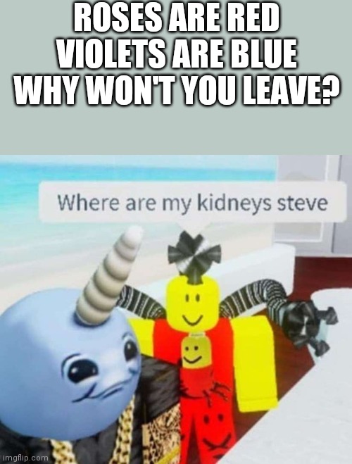 STEVE!? | ROSES ARE RED VIOLETS ARE BLUE WHY WON'T YOU LEAVE? | image tagged in roblox triggered | made w/ Imgflip meme maker