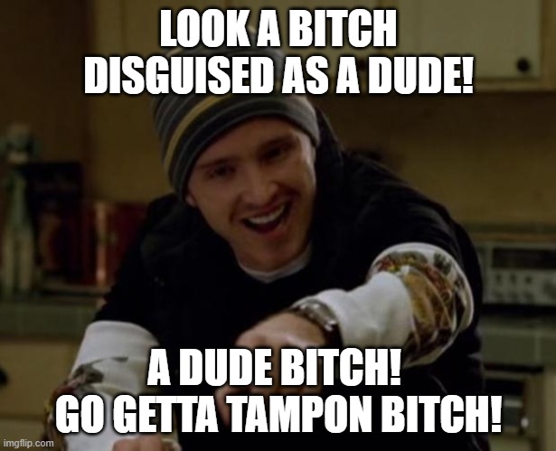 It's Science Bitch! | LOOK A BITCH DISGUISED AS A DUDE! A DUDE BITCH!  GO GETTA TAMPON BITCH! | image tagged in it's science bitch | made w/ Imgflip meme maker