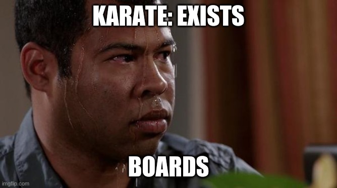 sweating bullets | KARATE: EXISTS; BOARDS | image tagged in sweating bullets | made w/ Imgflip meme maker