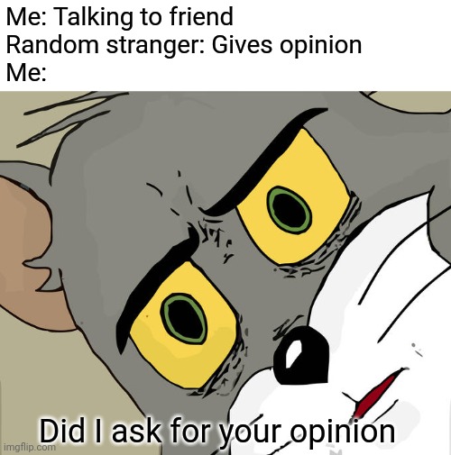 Story of my life | Me: Talking to friend
Random stranger: Gives opinion
Me:; Did I ask for your opinion | image tagged in memes,unsettled tom | made w/ Imgflip meme maker