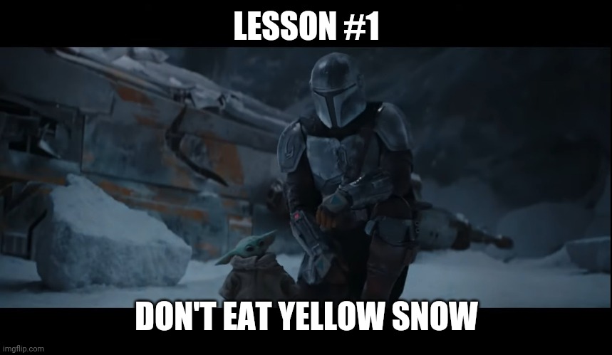 Dadalorian Life Lessons | LESSON #1; DON'T EAT YELLOW SNOW | image tagged in baby yoda,mandalorian | made w/ Imgflip meme maker