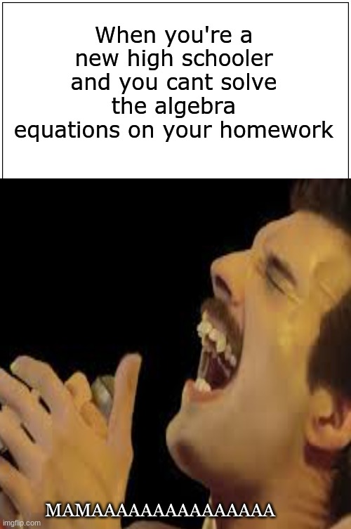MAMA |  When you're a new high schooler and you cant solve the algebra equations on your homework; MAMAAAAAAAAAAAAAAA | image tagged in freddie mercury,mama,bohemian rhapsody,high school,math,2020 sucks | made w/ Imgflip meme maker
