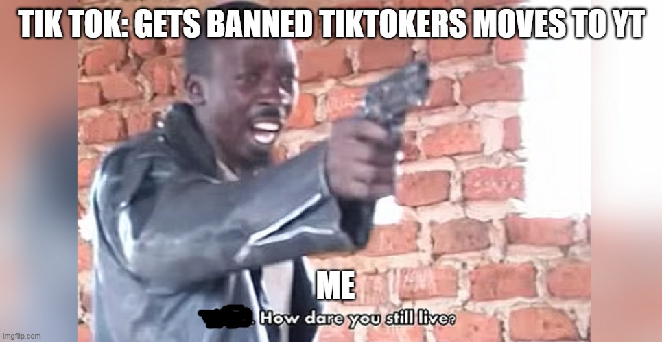 How dare you still live | TIK TOK: GETS BANNED TIKTOKERS MOVES TO YT; ME | image tagged in how dare you still live | made w/ Imgflip meme maker