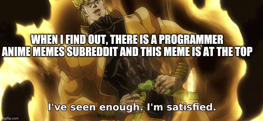 Programmer humour + anime |  WHEN I FIND OUT, THERE IS A PROGRAMMER ANIME MEMES SUBREDDIT AND THIS MEME IS AT THE TOP | image tagged in i've seen enough i'm satisfied | made w/ Imgflip meme maker