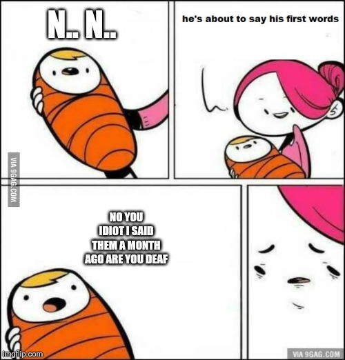 He is About to Say His First Words | N.. N.. NO YOU IDIOT I SAID THEM A MONTH AGO ARE YOU DEAF | image tagged in he is about to say his first words | made w/ Imgflip meme maker