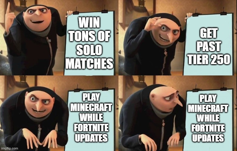 fortnite oof |  GET PAST TIER 250; WIN TONS OF SOLO MATCHES; PLAY MINECRAFT WHILE FORTNITE UPDATES; PLAY MINECRAFT WHILE FORTNITE UPDATES | image tagged in despicable me diabolical plan gru template,fortnite,minecraft | made w/ Imgflip meme maker