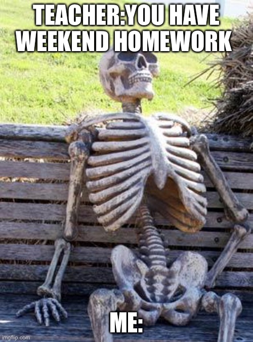 Waiting Skeleton | TEACHER:YOU HAVE WEEKEND HOMEWORK; ME: | image tagged in memes,waiting skeleton | made w/ Imgflip meme maker