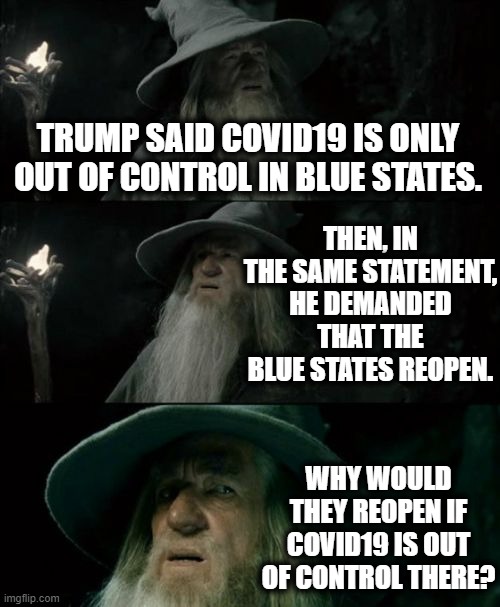 Presidential Diarrhea Logic | TRUMP SAID COVID19 IS ONLY OUT OF CONTROL IN BLUE STATES. THEN, IN THE SAME STATEMENT, HE DEMANDED THAT THE BLUE STATES REOPEN. WHY WOULD THEY REOPEN IF COVID19 IS OUT OF CONTROL THERE? | image tagged in memes,confused gandalf,covid-19,coronavirus,stupidity,donald trump | made w/ Imgflip meme maker