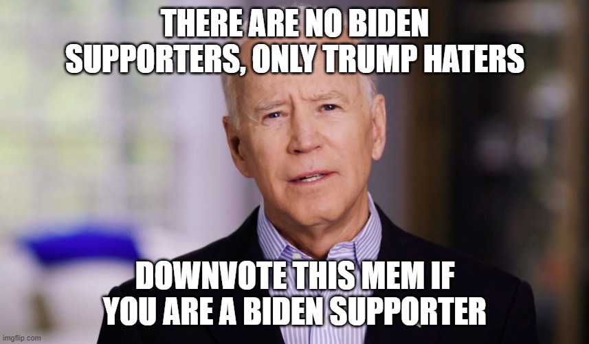Biden Supporters | THERE ARE NO BIDEN SUPPORTERS, ONLY TRUMP HATERS; DOWNVOTE THIS MEM IF YOU ARE A BIDEN SUPPORTER | image tagged in joe biden 2020,trump | made w/ Imgflip meme maker