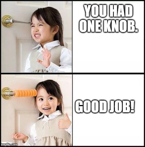 she's gotta bounce | YOU HAD ONE KNOB. GOOD JOB! | image tagged in 'fixed' door knob correct text boxes | made w/ Imgflip meme maker