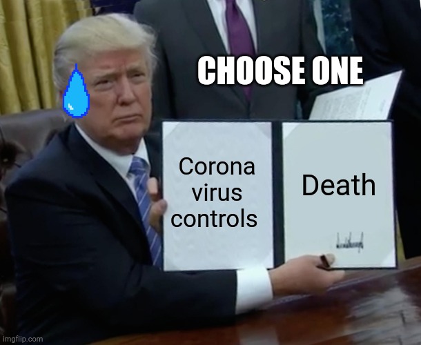 Trump | CHOOSE ONE; Corona virus controls; Death | image tagged in memes,trump bill signing | made w/ Imgflip meme maker
