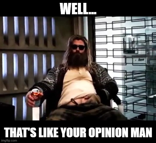 Thor Lebowski | WELL... THAT'S LIKE YOUR OPINION MAN | image tagged in thor endgame | made w/ Imgflip meme maker