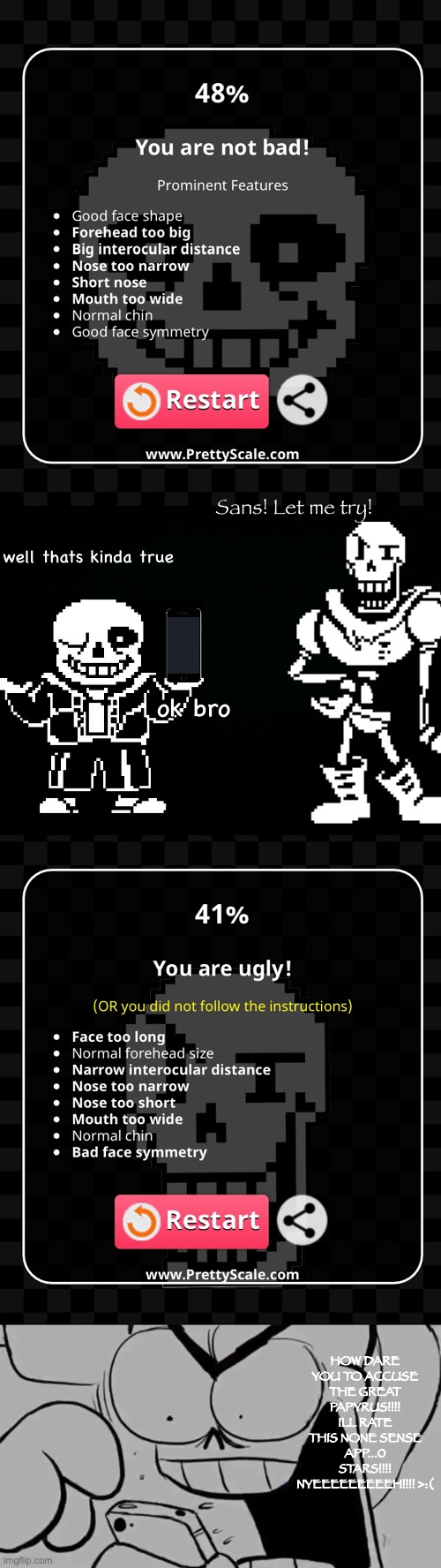 NYEEEEH! >:( | Sans! Let me try! well thats kinda true; ok bro; HOW DARE YOU TO ACCUSE THE GREAT PAPYRUS!!!! ILL RATE THIS NONE SENSE APP...0 STARS!!!! NYEEEEEEEEEH!!!! >:( | image tagged in memes,funny,sans,papyrus,undertale,angry | made w/ Imgflip meme maker