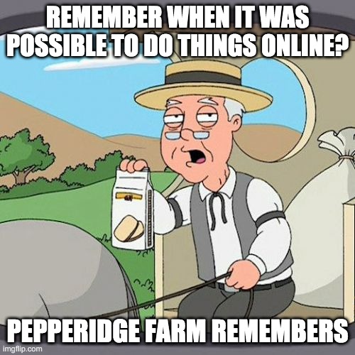 Pepperidge Farm Remembers Meme | REMEMBER WHEN IT WAS POSSIBLE TO DO THINGS ONLINE? PEPPERIDGE FARM REMEMBERS | image tagged in memes,pepperidge farm remembers | made w/ Imgflip meme maker