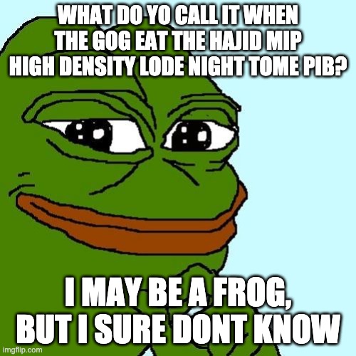 his ridle | WHAT DO YO CALL IT WHEN THE GOG EAT THE HAJID MIP HIGH DENSITY LODE NIGHT TOME PIB? I MAY BE A FROG, BUT I SURE DONT KNOW | image tagged in smug pepe | made w/ Imgflip meme maker