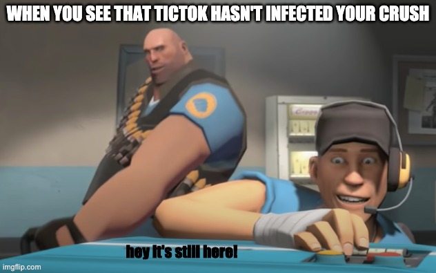 WHEN YOU SEE THAT TICTOK HASN'T INFECTED YOUR CRUSH; hey it's still here! | image tagged in hey it's still here | made w/ Imgflip meme maker