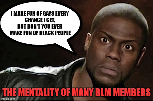 I HATE GAYS BUT YOU SHOULD LOVE BLACK PEOPLE, JUST BECAUSE... | I MAKE FUN OF GAYS EVERY
CHANCE I GET, BUT DON'T YOU EVER
 MAKE FUN OF BLACK PEOPLE; THE MENTALITY OF MANY BLM MEMBERS | image tagged in confused black guy,ignorant,loser,kevin heart idiot | made w/ Imgflip meme maker