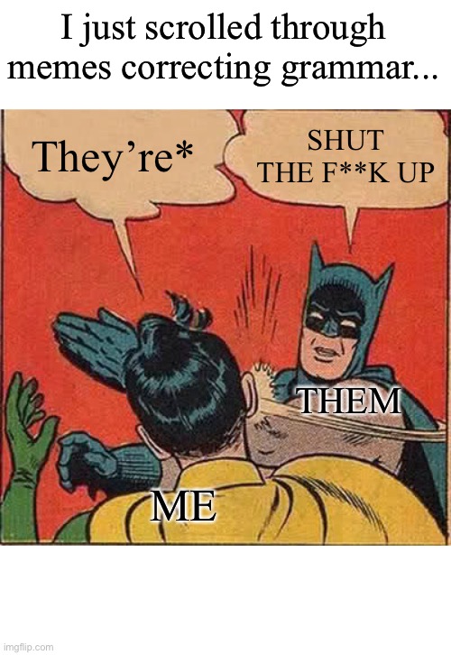 DAMN, I am annoying | I just scrolled through memes correcting grammar... They’re*; SHUT THE F**K UP; THEM; ME | image tagged in memes,batman slapping robin | made w/ Imgflip meme maker