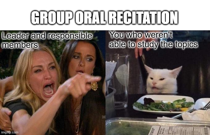 When you flunk the whole group. | GROUP ORAL RECITATION; You who weren't able to study the topics; Leader and responsible 
members | image tagged in memes,woman yelling at cat,group projects,school | made w/ Imgflip meme maker