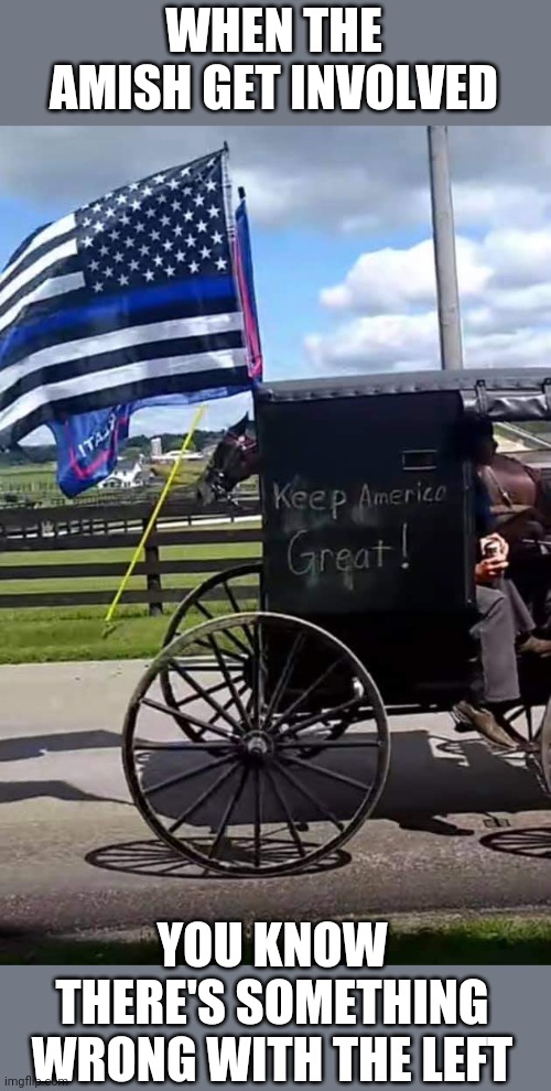 I'M SEEING MORE AND MORE AMISH BUGGIES WITH TRUMP FLAGS | WHEN THE AMISH GET INVOLVED; YOU KNOW THERE'S SOMETHING WRONG WITH THE LEFT | image tagged in amish,president trump,make america great again | made w/ Imgflip meme maker