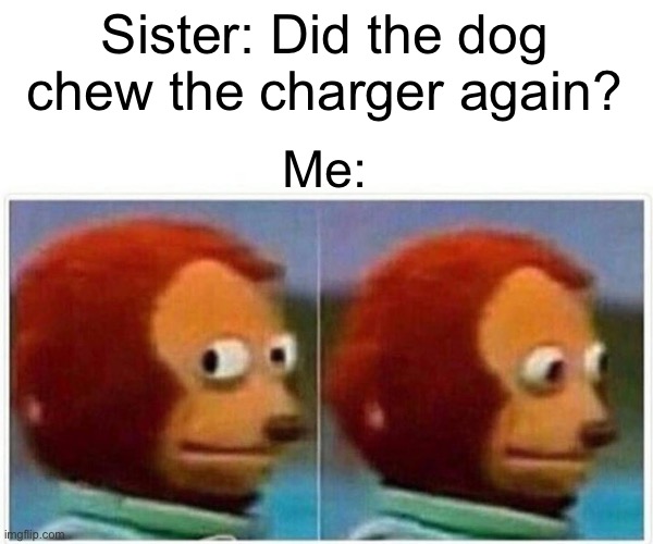 Broken Charger, smh | Sister: Did the dog chew the charger again? Me: | image tagged in memes,monkey puppet,charger,broken,dog,funny memes | made w/ Imgflip meme maker