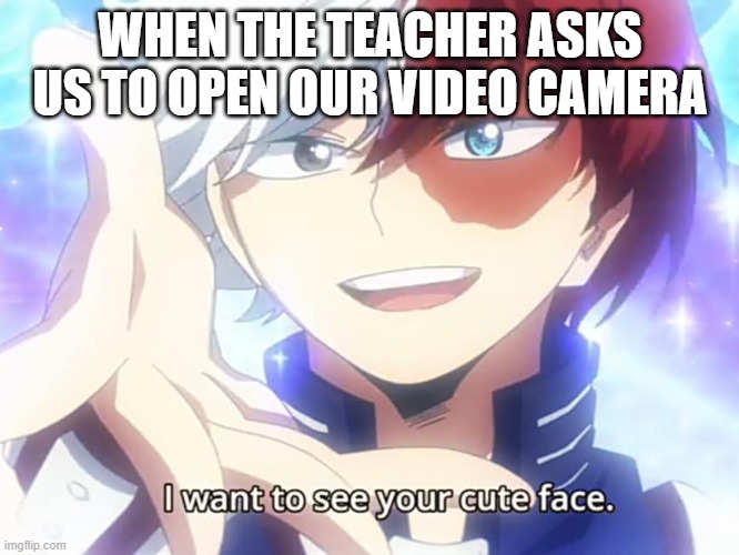 When the teacher wants us to open our cameras | WHEN THE TEACHER ASKS US TO OPEN OUR VIDEO CAMERA | image tagged in todoroki i want to see your cute face | made w/ Imgflip meme maker